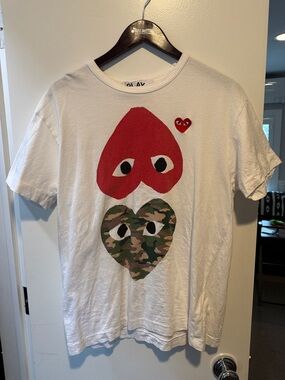 Comme des Garcons PLAY White Tee with Red & Camo Heart Motifs